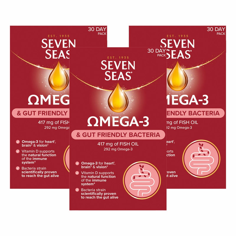 Seven Seas Omega 3 and gut friendly bacteria supplements 3 x 30 count, imported from the UK