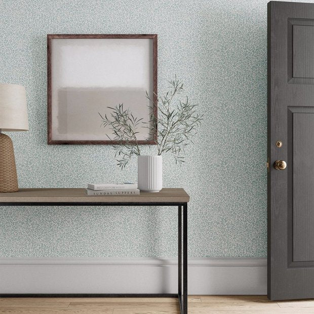 Morris & Co. blue floral wallpaper with leaf pattern, imported from the UK