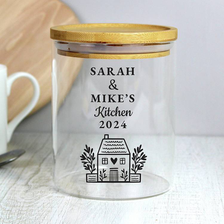 Personalised glass storage jar with bamboo lid 13cm, UK version