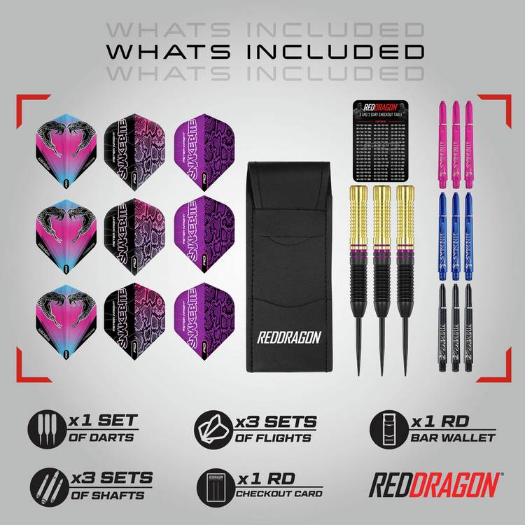 Red Dragon Peter Wright Snakebite 21g brass darts set, imported from the UK
