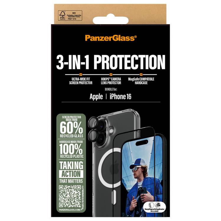 PanzerGlass iPhone 16 3-in-1 protection bundle, imported from the UK