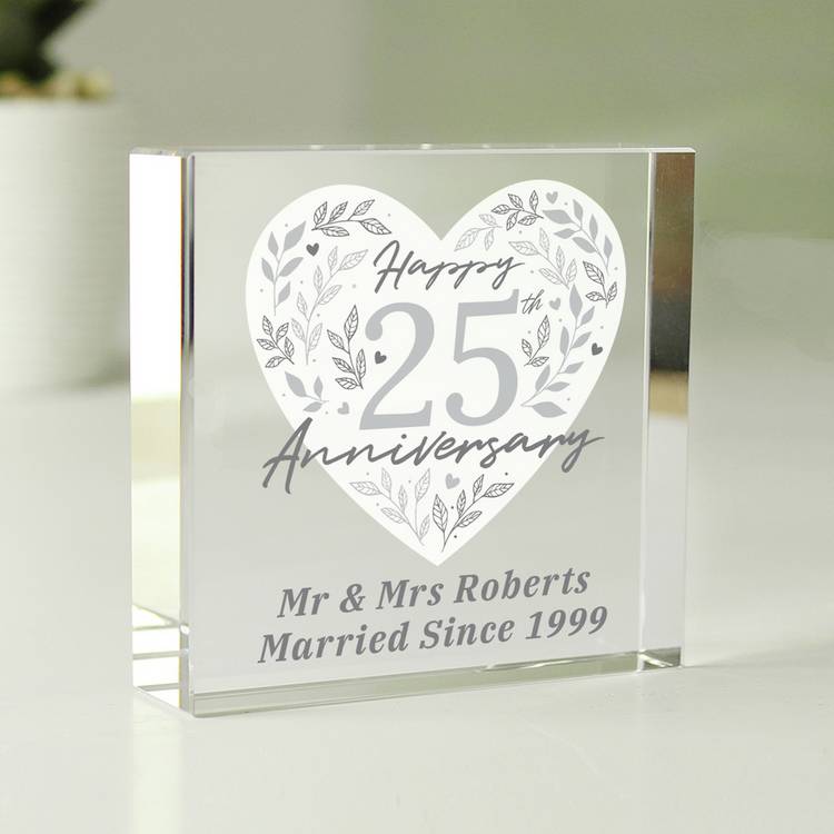 Personalised 25th anniversary glass block 7.5cm, imported from the UK