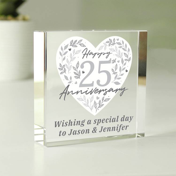 Personalised 25th anniversary glass block 7.5cm, imported from the UK
