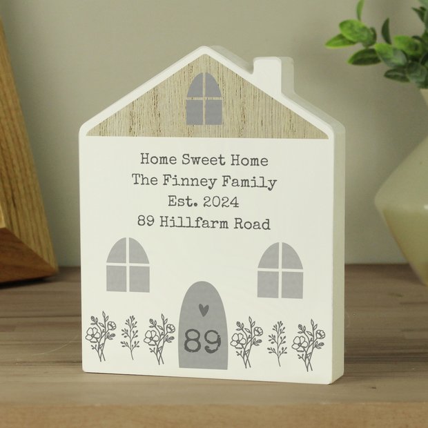 Personalised grey wooden house ornament, 17.5cm tall - British product