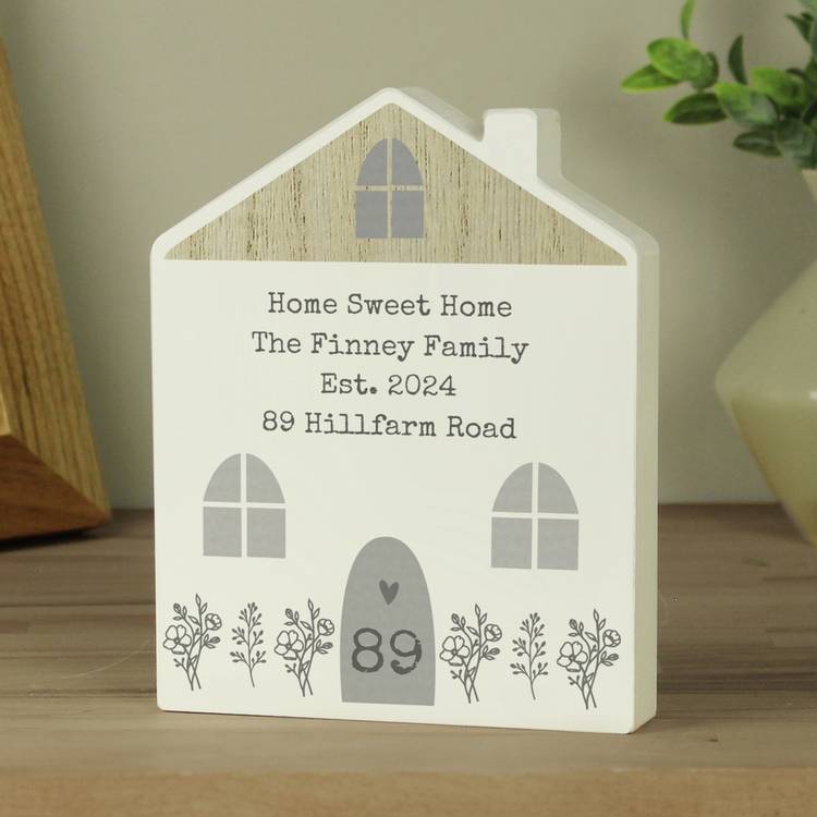 Personalised grey wooden house ornament, 17.5cm tall - British product