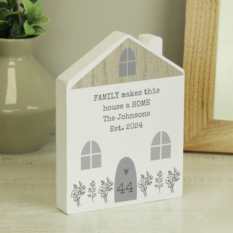 Personalised grey wooden house ornament, 17.5cm tall - British product