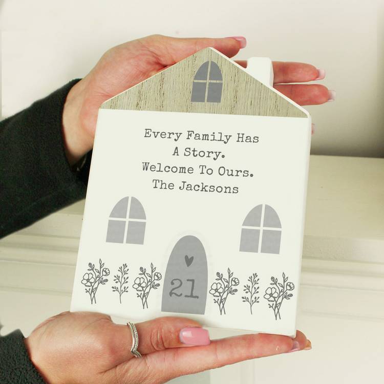 Personalised grey wooden house ornament, 17.5cm tall - British product