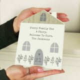 Personalised grey wooden house ornament, 17.5cm tall - British product