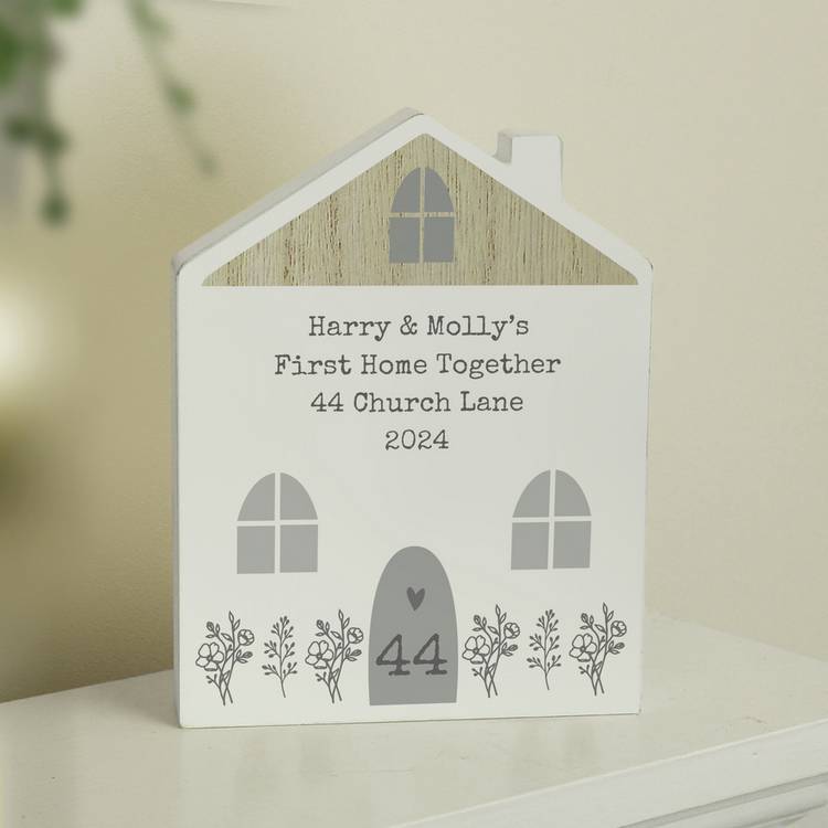 Personalised grey wooden house ornament, 17.5cm tall - British product