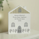 Personalised grey wooden house ornament, 17.5cm tall - British product