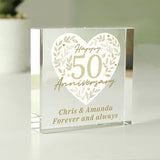 Personalised 50th anniversary glass block gift box, UK version