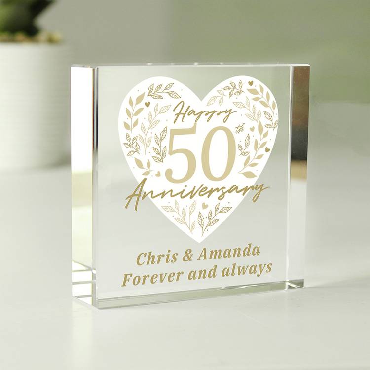 Personalised 50th anniversary glass block gift box, UK version