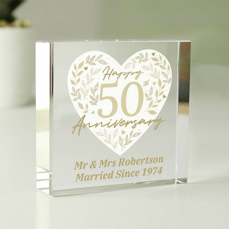 Personalised 50th anniversary glass block gift box, UK version