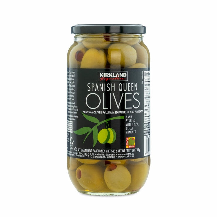 Kirkland Signature Spanish Queen pimiento stuffed olives 595g, UK version