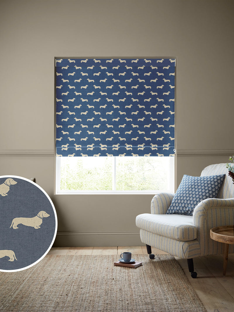 Emily Bond Indigo Blue dachshund Roman blind, UK version