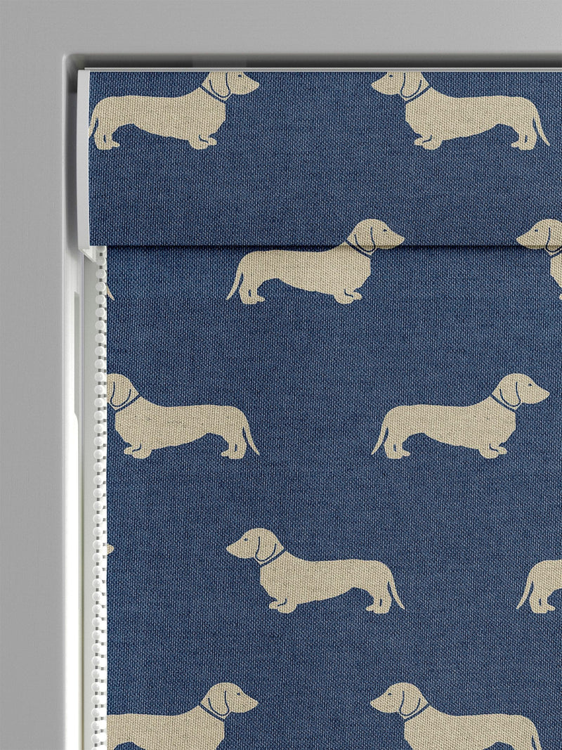 Emily Bond Indigo Blue dachshund Roman blind, UK version