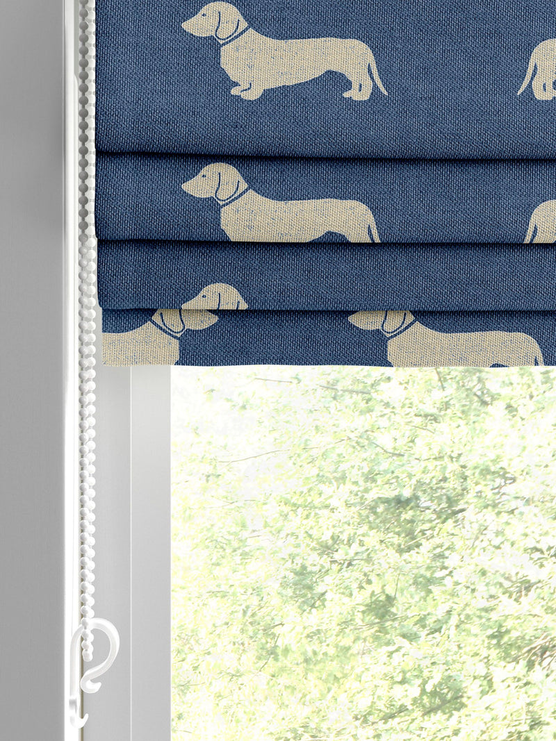 Emily Bond Indigo Blue dachshund Roman blind, UK version
