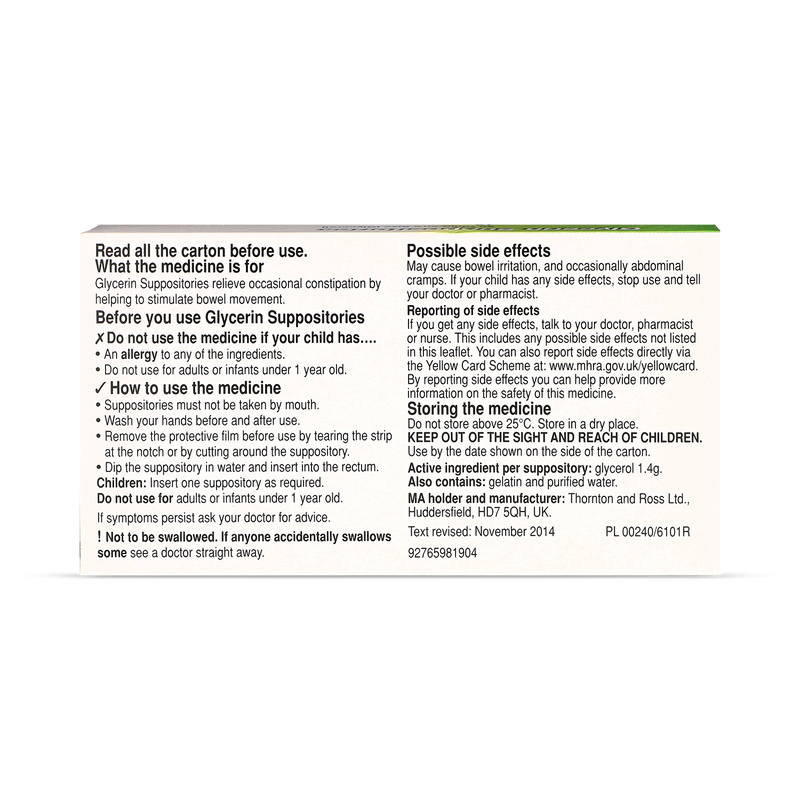 Care glycerin suppositories children's 2g 12 count, UK version