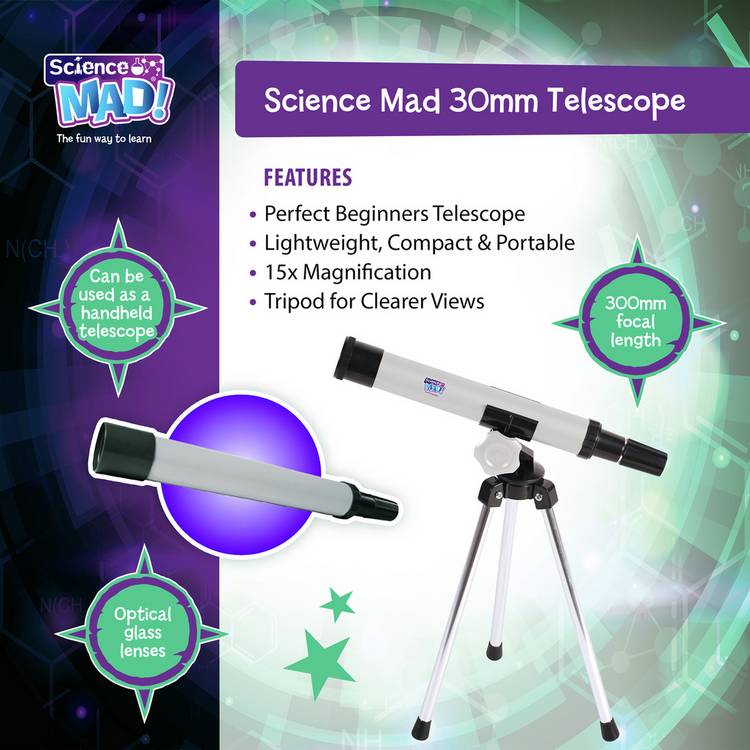 Science Mad 30mm telescope with tripod, imported from the UK