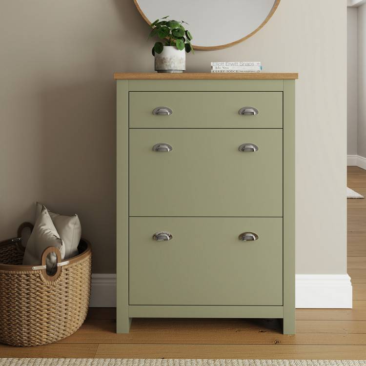 GFW Lancaster shoe storage cabinet green and oak, UK version