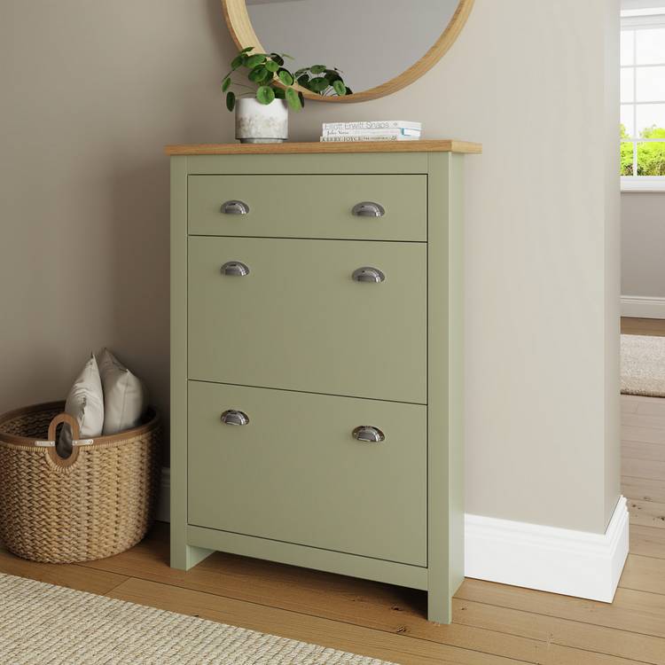 GFW Lancaster shoe storage cabinet green and oak, UK version