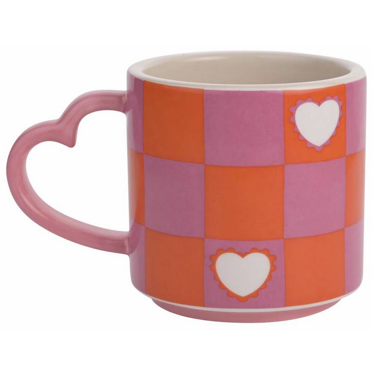 Raspberry blossom chequer heart stoneware mug 275ml, UK version