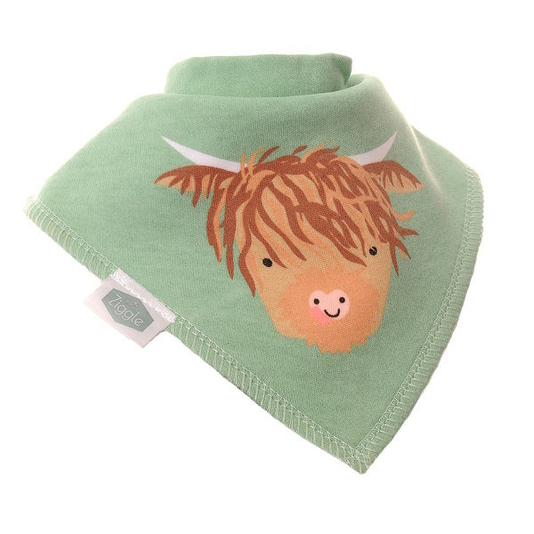 Ziggle bandana bib Green Highland Cow 0-3 months (British brand)