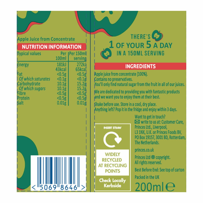 Princes apple juice 24x200ml cartons, imported from the UK