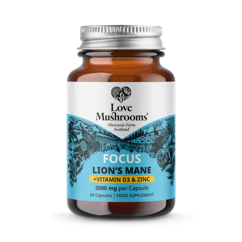 Love Mushrooms Lion's Mane Vitamin D3 Zinc capsules 2000mg, UK version