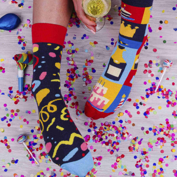 Spox Sox novelty party socks with cake and champagne motifs (British brand)
