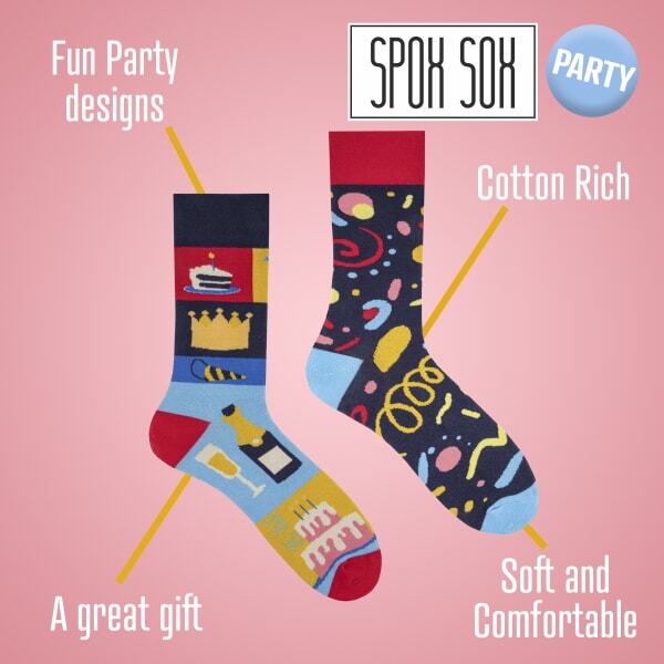 Spox Sox novelty party socks with cake and champagne motifs (British brand)
