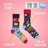 Spox Sox novelty party socks with cake and champagne motifs (British brand)