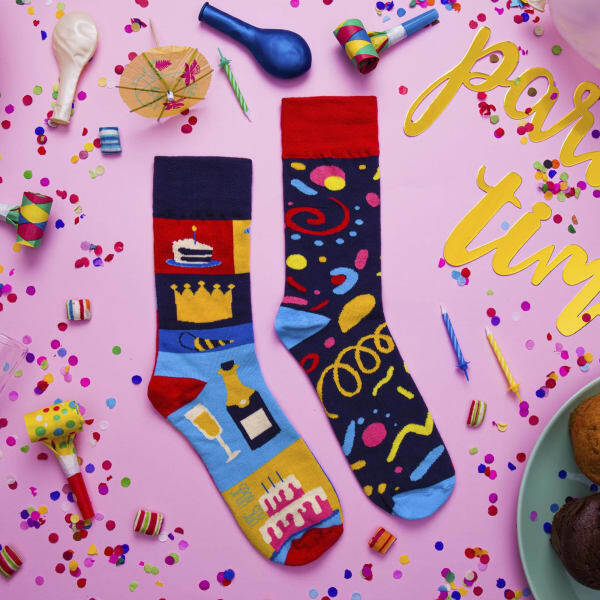 Spox Sox novelty party socks with cake and champagne motifs (British brand)
