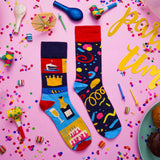 Spox Sox novelty party socks with cake and champagne motifs (British brand)