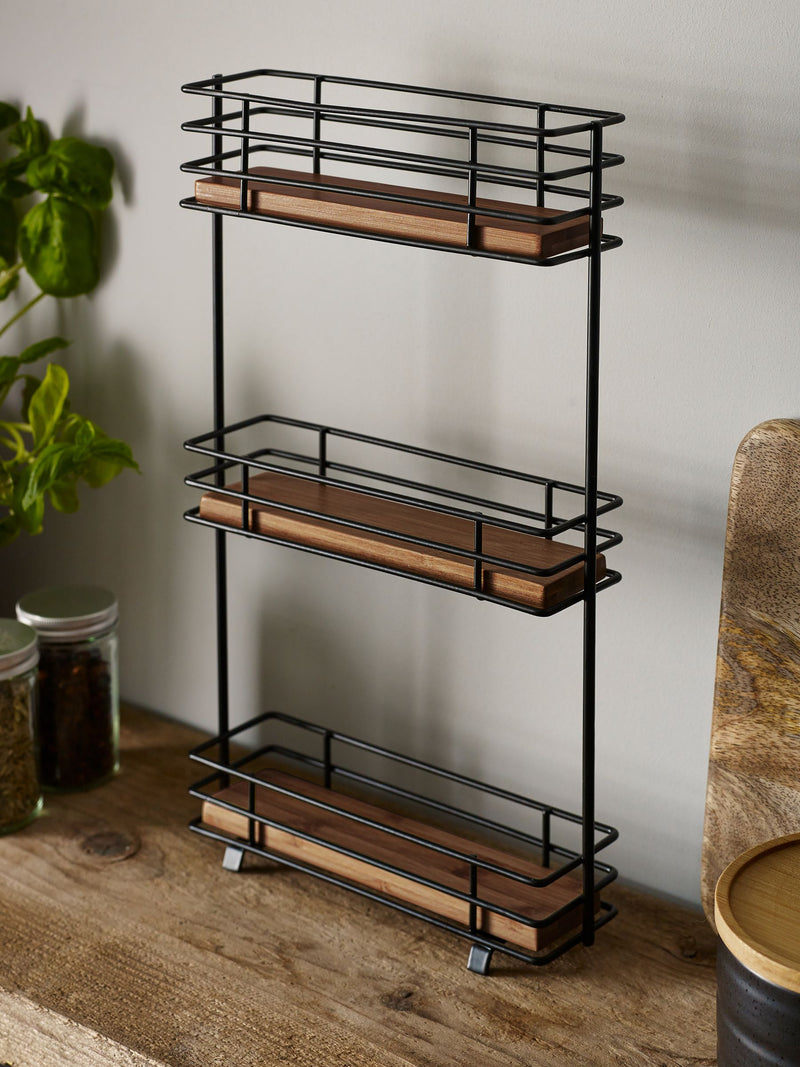 Black wire spice rack with wooden shelf 3-tier - British product