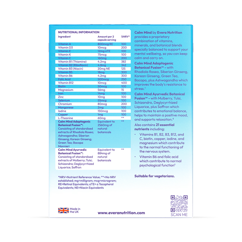 Evera Nutrition Calm Mind supplement 60 capsules, UK version