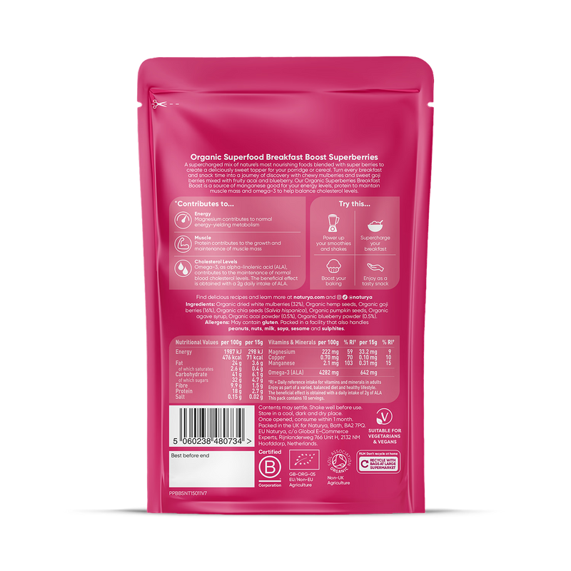 Naturya Organic Superberries Breakfast Boost 150g, imported from the UK