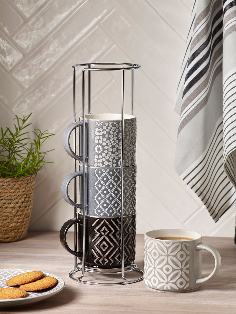 Grey geo embossed stacking mugs set of 4, UK version