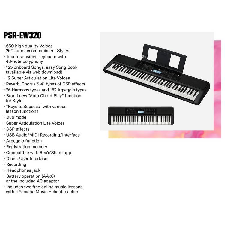 Yamaha PSR-EW320 76-key keyboard, imported from the UK