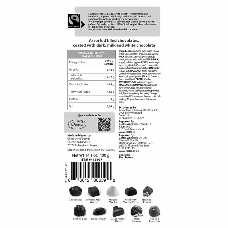 Deavas Belgian chocolate ballotin with assorted flavours 400g - British product