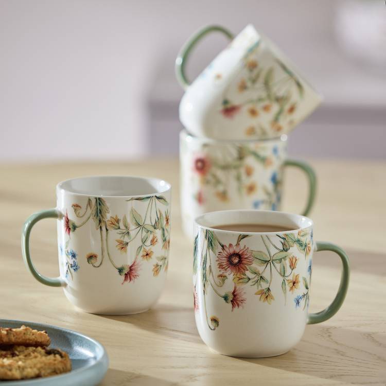 Argos Home floral mugs set of 4 cream stoneware (British brand)