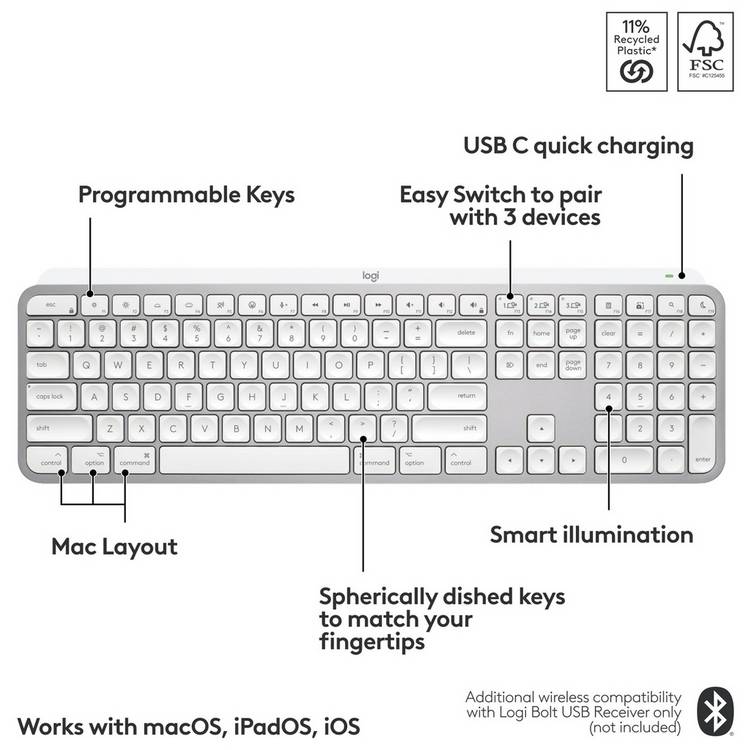 Logitech MX Keys S Mac wireless keyboard in grey, UK version