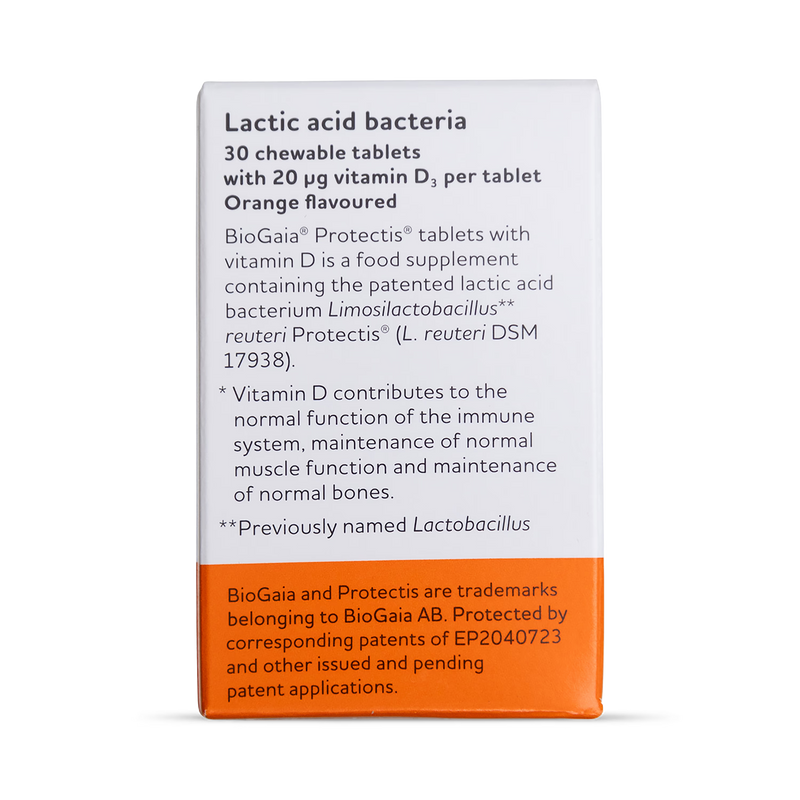 BioGaia Protectis D+ probiotic tablets with Vitamin D3, imported from the UK