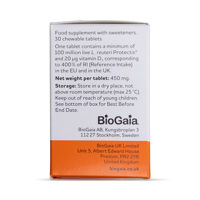 BioGaia Protectis D+ probiotic tablets with Vitamin D3, imported from the UK