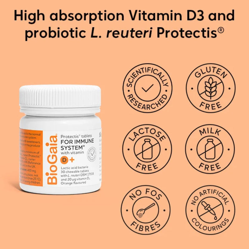 BioGaia Protectis D+ probiotic tablets with Vitamin D3, imported from the UK