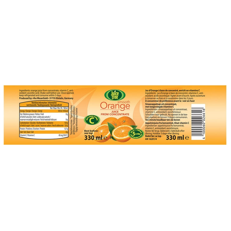 Juice Tree orange juice from concentrate 12 x 330ml, UK version
