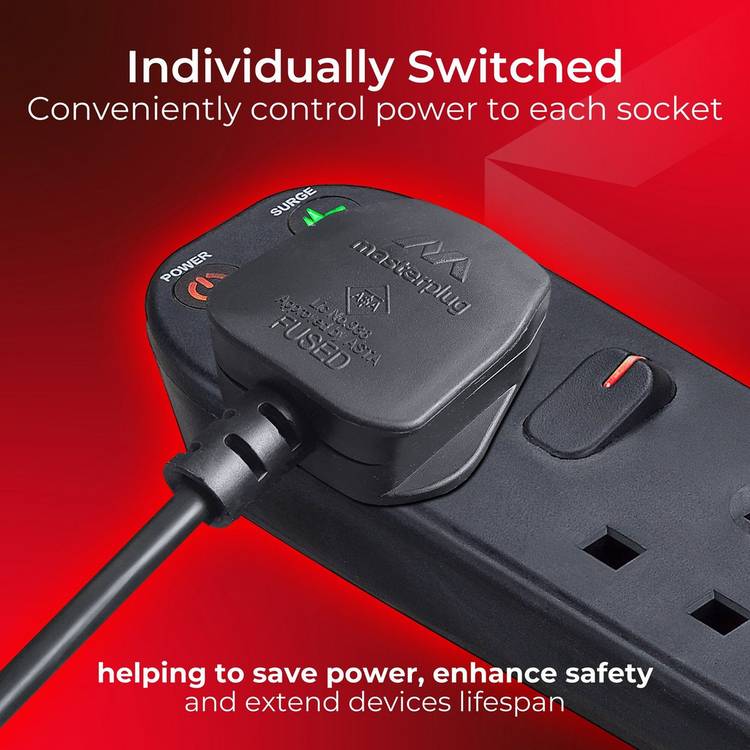 Masterplug 4-socket surge protected extension lead 1m - British product