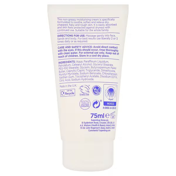 Superdrug dry skin relief cream 75ml tube (British brand)