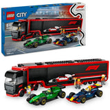 LEGO City F1 Truck playset with RB20 and AMR24 cars, British brand