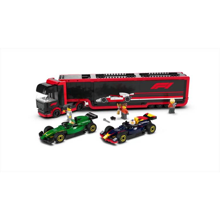 LEGO City F1 Truck playset with RB20 and AMR24 cars, British brand